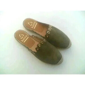 Kanna SPAIN Sz 37 Olive Green Suede Wear Closed Toe Shoes Espadrilles Mule